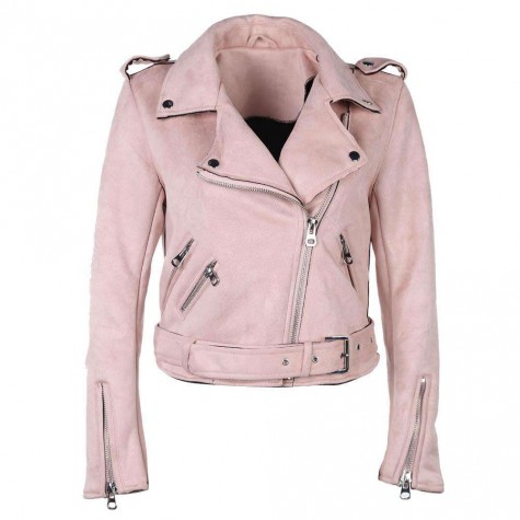 Solid Winter Turn Down Collar Zipper Suede Short Jacket Coat(Pink/S)