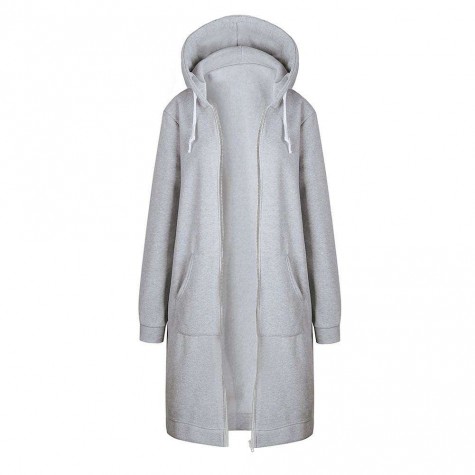 Winter Long Hoodie Coat Pockets Zipper Hooded Jacket