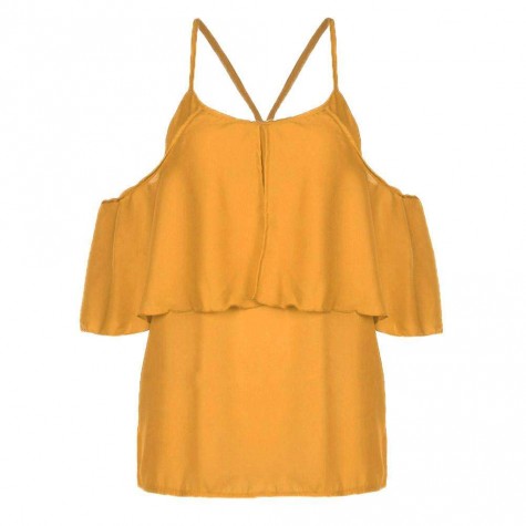 Chiffon Charming Ruffle Casual Pure Color Spaghetti Strap Tops (Yellow XL