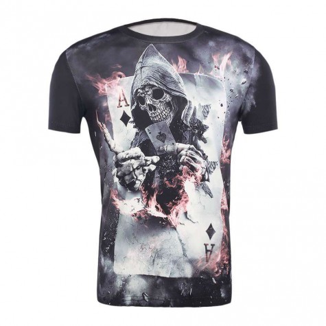 Simple Skull Poker Print T-shirt Slim Fit 3D Short Sleeve Top(Black XXL)