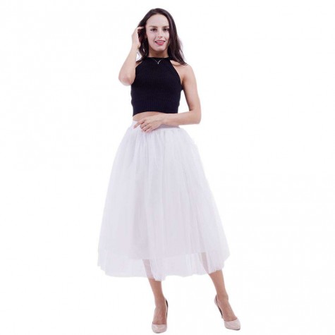 4 Layers 80cm Tulle Long Pleated Tutu Skirt Wedding Petticoat/White