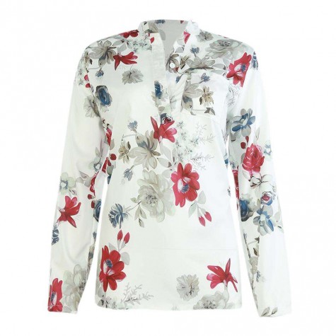 Casual V-Neck Long Sleeve Blouse Floral Print Beach Tops