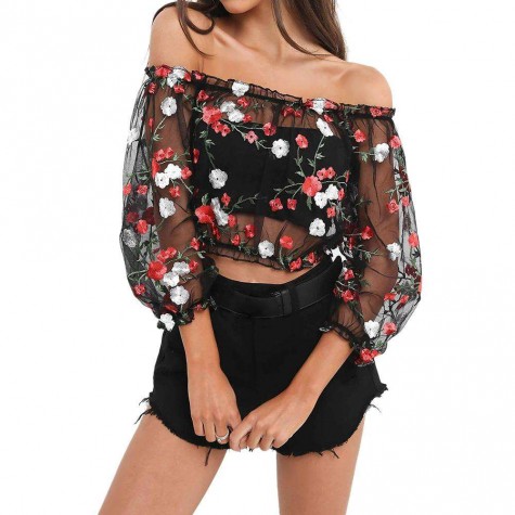 Charming Off Shoulder Embroidery Flowers Blouses Gauze Crop Tops