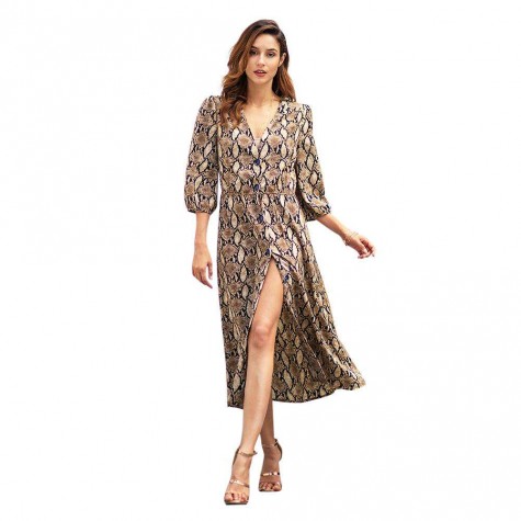 Retro Three Quarter Sleeve Snake Print Dress V-neck Slit Long Dresses