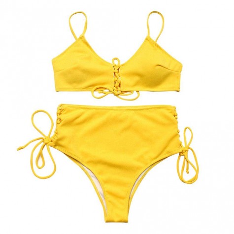 Charming Bikini Set Summer Solid Color Padded Textured Beach Swimsuit