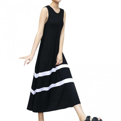 Summer Sleeveless Long Dress Stripe O-Neck Loose Beachwear