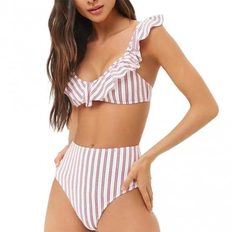 Two Piece Swimsuit Charming Padded Ruffles Push Up Striped Bikini Set