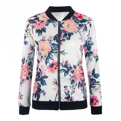 Biker Celebrity Camo Flower Floral Print Bomber Jacket (White)