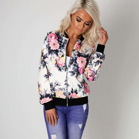 Biker Celebrity Camo Flower Floral Print Bomber Jacket (White)