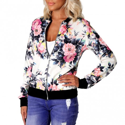 Biker Celebrity Camo Flower Floral Print Bomber Jacket (White)