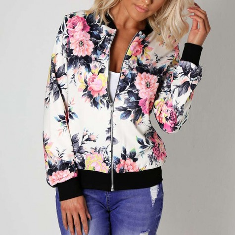 Biker Celebrity Camo Flower Floral Print Bomber Jacket (White)