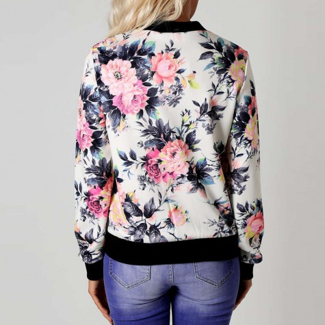 Biker Celebrity Camo Flower Floral Print Bomber Jacket (White)