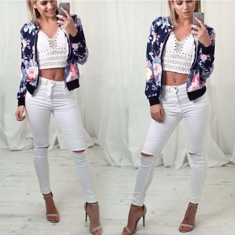 European Style Cotton Flower Floral Print Jacket Long Sleeve Coat(S)