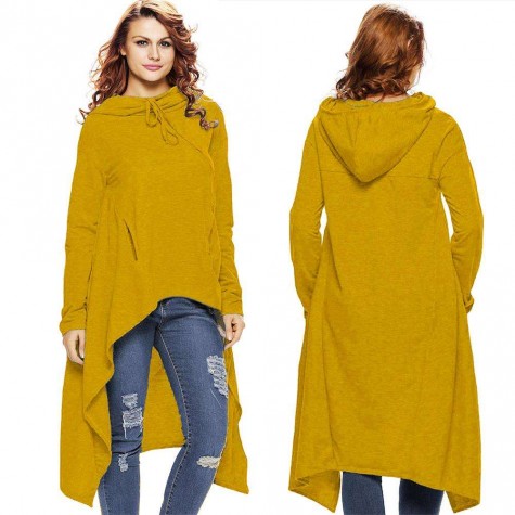 Fleece Hoodies Drawstring Irregular Loose Solid Color (Yellow)(L)