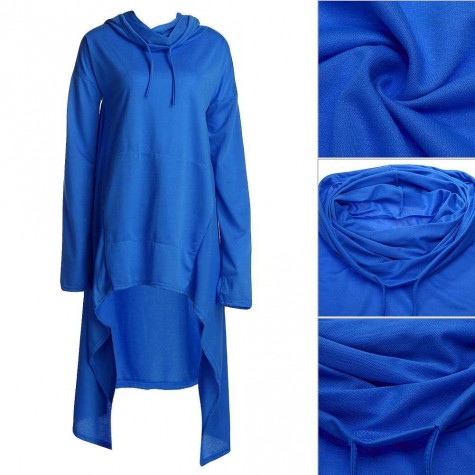 Long Sleeve Fleece Hoodies Irregular Loose Solid Color (Blue)(S)