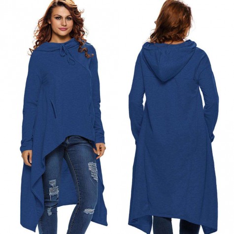 Long Sleeve Fleece Hoodies Irregular Loose Solid Color (Blue)(S)