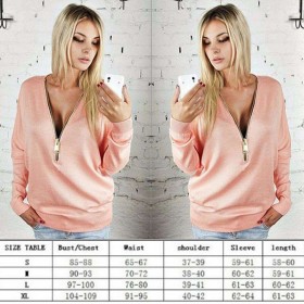 Front Zipper Deep V Neck Long Sleeve Sweatshirt Top(Pink/L)