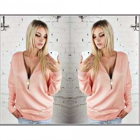 Front Zipper Deep V Neck Long Sleeve Sweatshirt Top(Pink/L)