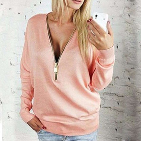 Front Zipper Deep V Neck Long Sleeve Sweatshirt Top(Pink/L)