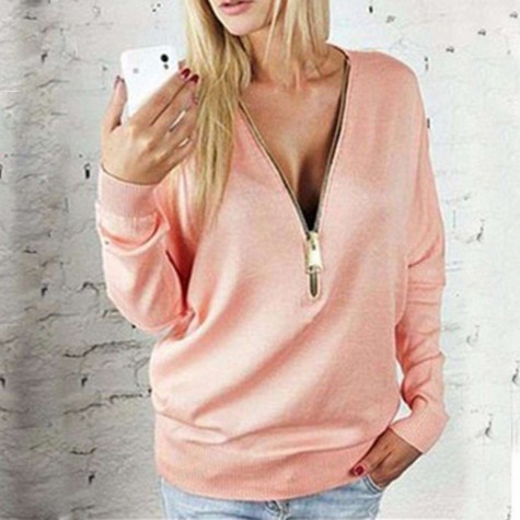 Front Zipper Deep V Neck Long Sleeve Sweatshirt Top(Pink/L)