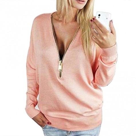 Front Zipper Deep V Neck Long Sleeve Sweatshirt Top(Pink/L)