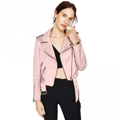 Solid Winter Turn Down Collar Zipper Suede Short Jacket Coat(Pink/S)