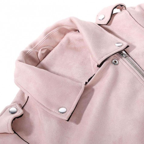 Solid Winter Turn Down Collar Zipper Suede Short Jacket Coat(Pink/S)