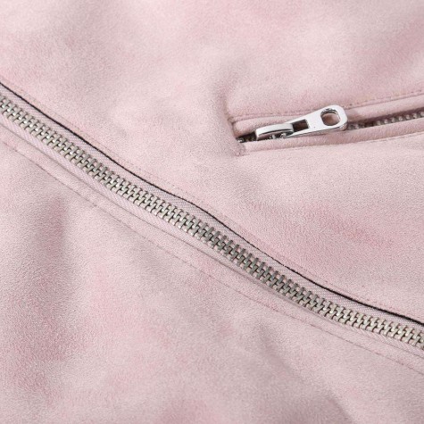 Solid Winter Turn Down Collar Zipper Suede Short Jacket Coat(Pink/S)