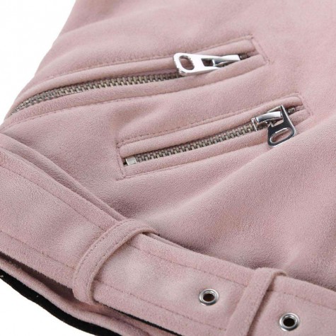 Solid Winter Turn Down Collar Zipper Suede Short Jacket Coat(Pink/S)