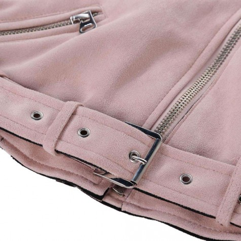 Solid Winter Turn Down Collar Zipper Suede Short Jacket Coat(Pink/S)