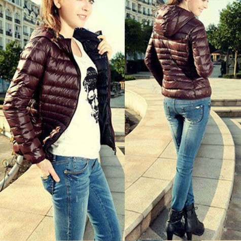 Winter Slim Cotton Padded Coat Hooded Warm Short Jacket(Dark Brown,M)