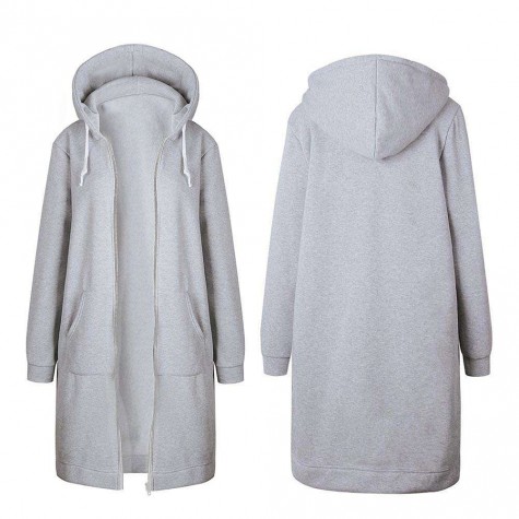 Winter Long Hoodie Coat Pockets Zipper Hooded Jacket