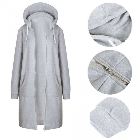 Winter Long Hoodie Coat Pockets Zipper Hooded Jacket