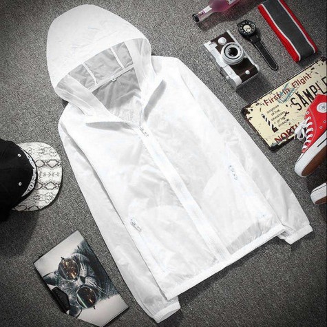 Unisex Hooded Quick Dry Sun Protection Thin Sport Running Jacket(White/L)