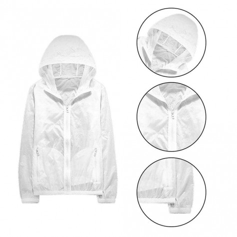 Unisex Hooded Quick Dry Sun Protection Thin Sport Running Jacket(White/L)