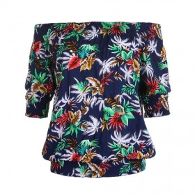 Hawaii Girls Beach Off Shoulder Coconut Tree Print Charming Top/Dark Blue