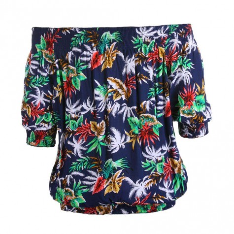 Hawaii Girls Beach Off Shoulder Coconut Tree Print Charming Top/Dark Blue