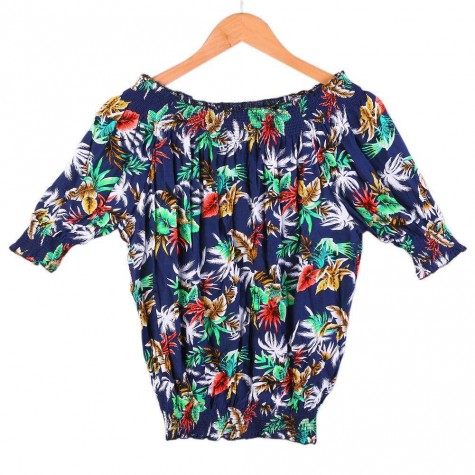 Hawaii Girls Beach Off Shoulder Coconut Tree Print Charming Top/Dark Blue