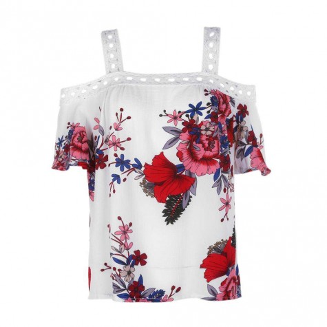 Strap Cold Shoulder Short Sleeve Floral Loose Chiffon Blouse Tops