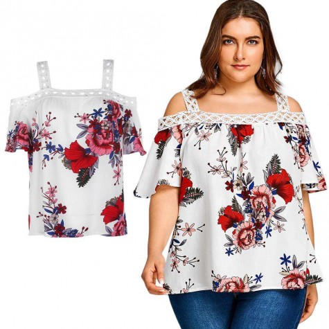 Strap Cold Shoulder Short Sleeve Floral Loose Chiffon Blouse Tops