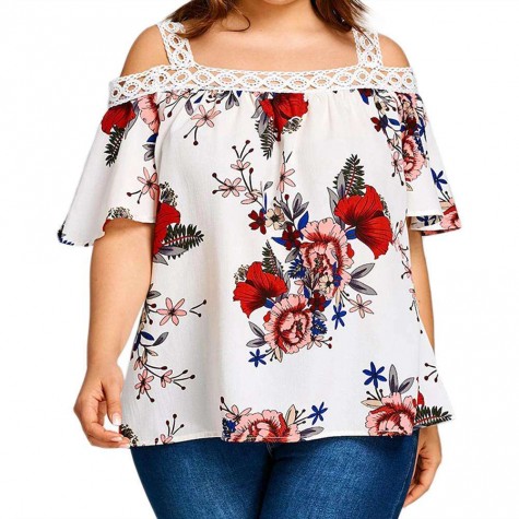 Strap Cold Shoulder Short Sleeve Floral Loose Chiffon Blouse Tops