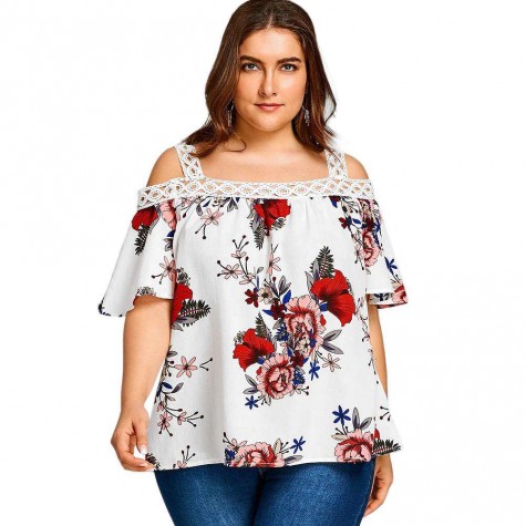 Strap Cold Shoulder Short Sleeve Floral Loose Chiffon Blouse Tops