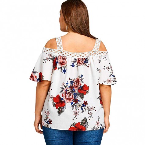 Strap Cold Shoulder Short Sleeve Floral Loose Chiffon Blouse Tops