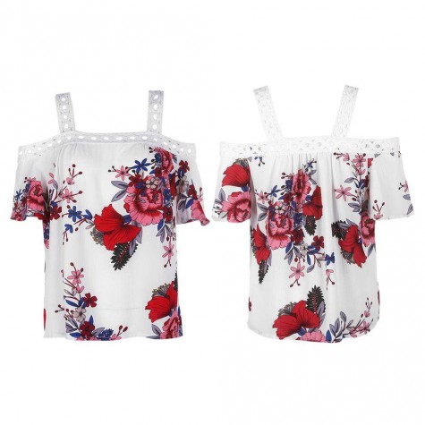 Strap Cold Shoulder Short Sleeve Floral Loose Chiffon Blouse Tops