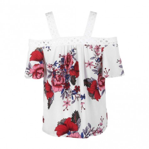 Strap Cold Shoulder Short Sleeve Floral Loose Chiffon Blouse Tops