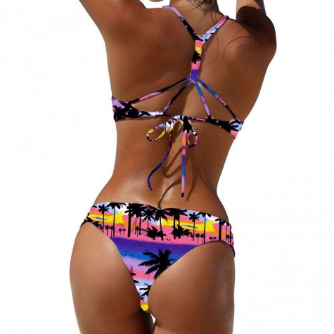 Retro Bandage Bra Split Swimsuit Coconut Tree Bikini Set