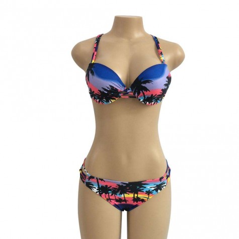 Retro Bandage Bra Split Swimsuit Coconut Tree Bikini Set