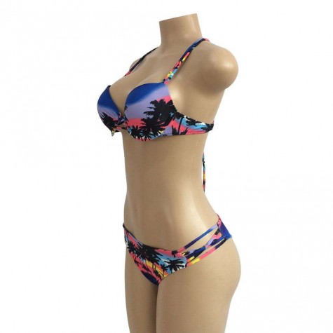 Retro Bandage Bra Split Swimsuit Coconut Tree Bikini Set