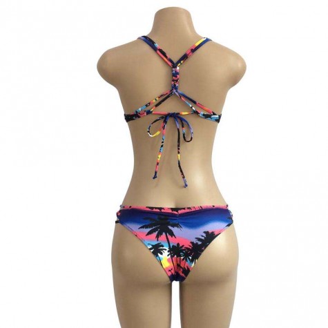 Retro Bandage Bra Split Swimsuit Coconut Tree Bikini Set