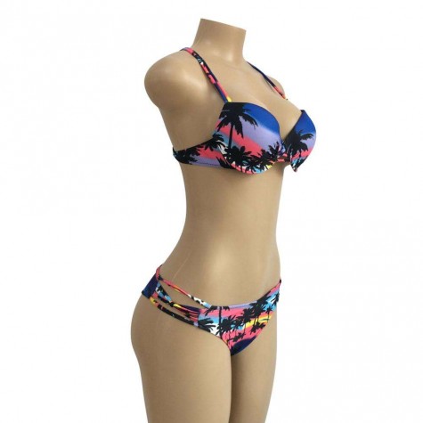 Retro Bandage Bra Split Swimsuit Coconut Tree Bikini Set